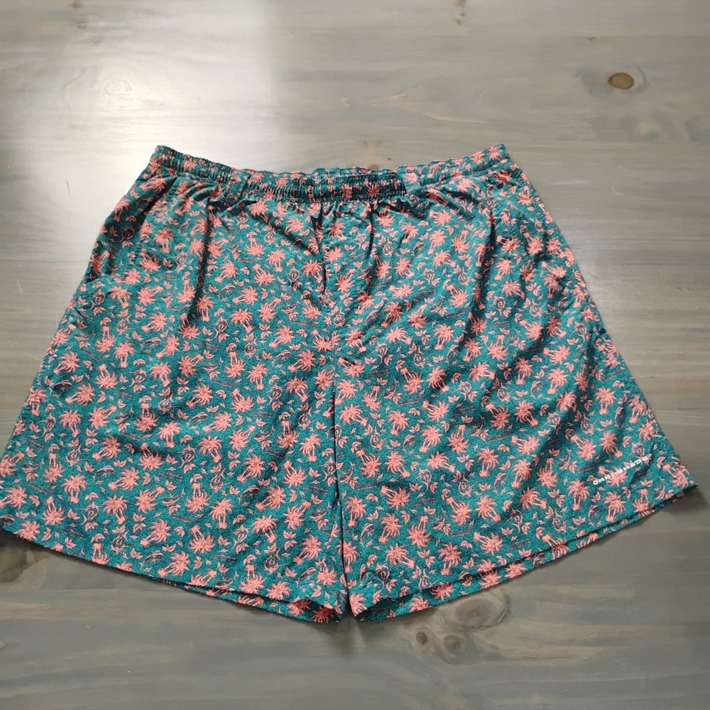 Columbia PFG Swim Trunks Mens XL Green Pink Palms AOP Elastic Waist Lined Tie 8"
